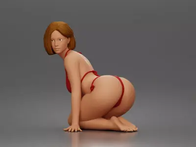 Kneeling beach woman posing elegantly in tied swimwear 3D print model