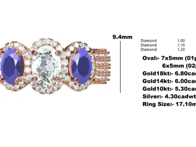 Triple Oval Shape Halo Vintage Ring 3D print model