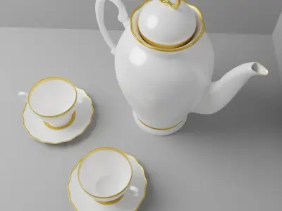 Antique tea set for two with elegant teapot Low-poly 3D model