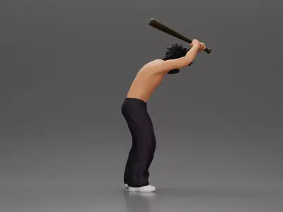gangster man with curly hair swings baseball bat 3D print model