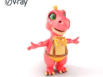 Cute Pink Dinosaur with Bowtie Rigged and Animated Model Low-poly 3D model