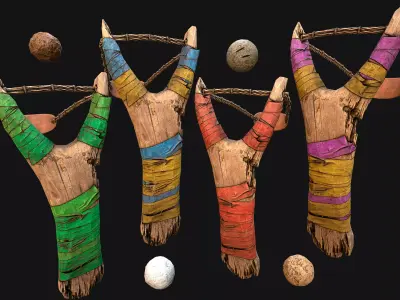 Medieval Wooden Slingshot Colored Set Pack Low-poly 3D model