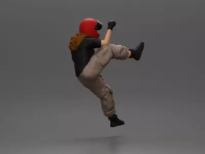 Biker woman in red helmet striking pose on black motorcycle 3D print model