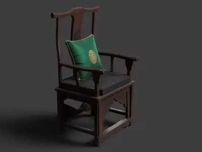 Chinese Dark Cherry Wooden Arm Chair with Pillow  Low-poly 3D model