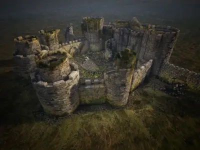 Overgrown Medieval Castle  Walls And Towers  45 Assets Low-poly 3D model