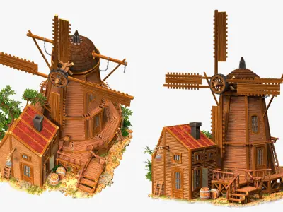 old mill with barn wild west   high-poly textured 3D model