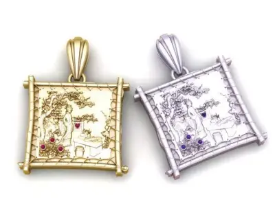 Gold Antique-Inspired Pendant with Floral and Blue Accents 3D print model