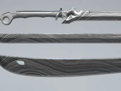 Damascus Cyberpunk Katana and Machete Low-poly 3D model