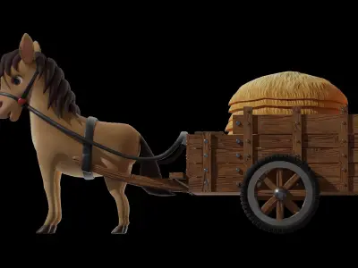 Stylized Cartoon Horse Wagon or Cart Low-poly 3D model