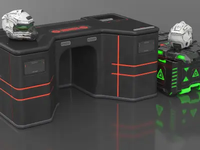 Futuristic Control Console with Helmet and Storage Container 3D model