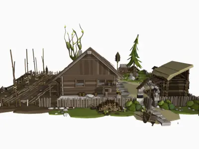 Medieval Peasants Home Scene with Interior Low Poly Low-poly 3D model