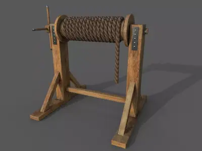 Winch low-poly 3d model wooden reel Low-poly 3D model