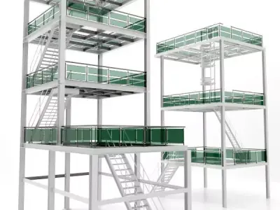 Platform 2 metal building with stairs and railings 3D model