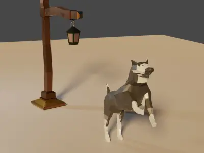 Low Poly 3d Wolf dog on lamp post Low-poly 3D model