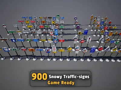900 Snowy Traffic Signs Collection  Game Ready Low-poly 3D model