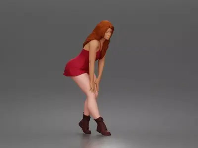 woman bending forward thoughtfully balancing in mini dress 3D print model