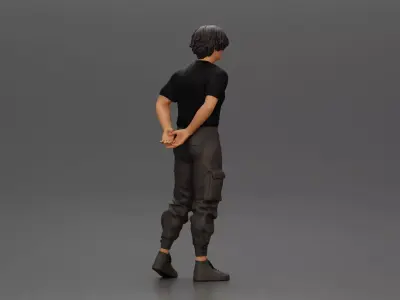 Man with messy hair wearing black shirt and cargo pants 3D print model