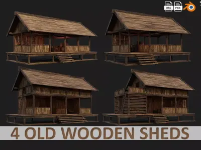 4 Old Wooden Shed Building Pack 4K Textures GameReady 77 to 80 Low-poly 3D model