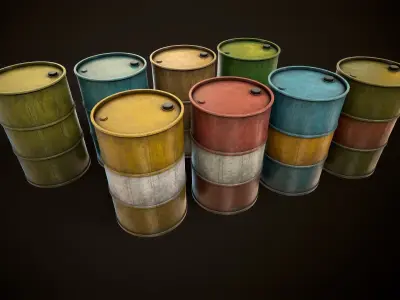 Large set of metal barrels Low-poly 3D model
