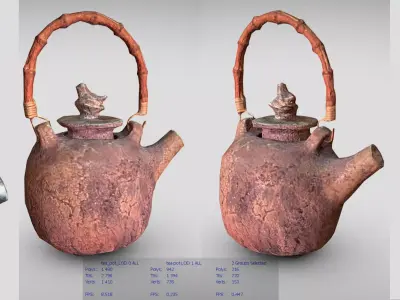 Hand made tea pot with a bamboo handle Low-poly 3D model