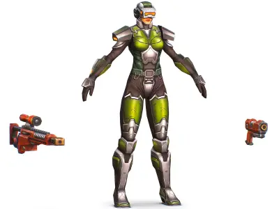 Cartoon Sci-Fi Cyborg Drone Sniper Soldier Low-poly 3D model 3
