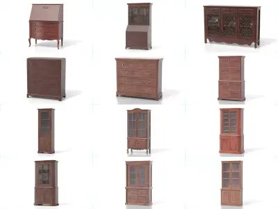 Antique Cabinets and Drawers - Wooden Furniture Set 3D Model Pack