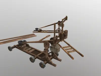 Low Poly Catapult wooden wheeled cart Low-poly 3D model