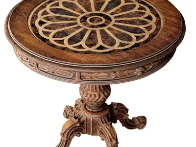 Round Wooden Carved Distressed Dining Coffee  Table Rustic Style 3D model