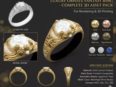 Royal Antique Style Gold Ring with Diamond and Sapphires 3D print model