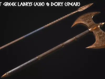 Ancient Greek Labrys Axe and Dory Spear MidPoly Game Ready Low-poly 3D model