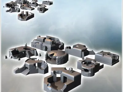 Set of eight damaged modern military bunkers with heavy artiller 3D print model