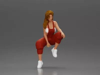 Street dancer in red overalls sitting stylishly on parked car 3D print model