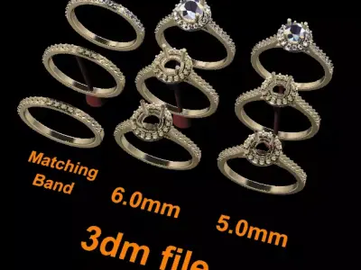 6mm 5mm Dainty Diamond Halo Engagement Ring Set 3D print model