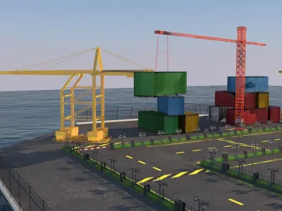3D Seaport three different colored shipping containers Low-poly 3D model