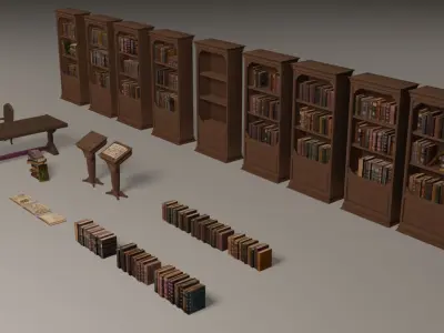 Bookcases library with bookshelves and chairs Low-poly 3D model