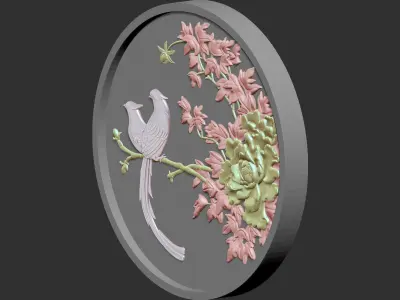 Peony bird relief 3D model