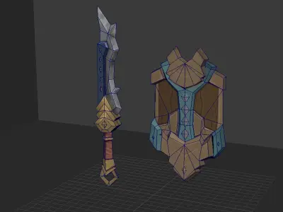 Hand Painted Low Poly Sword Shield Low-poly 3D model