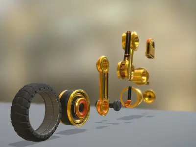 Hydraulic Suspension with Tires Yellow Version Rigged  Low-poly 3D model