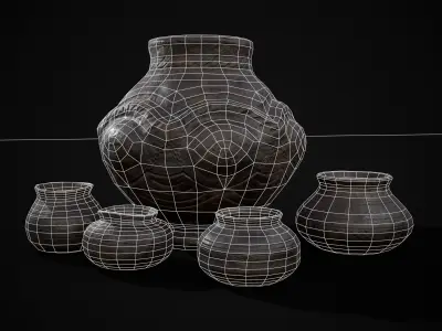Sculpted Five Pottery Set Low-poly 3D model