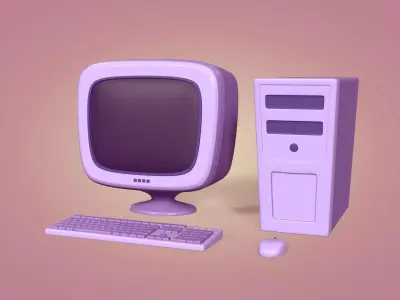 Cartoon Old Computer Desktop - PC Monitor Screen Keyboard Mouse Low-poly 3D model