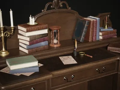 Grand Victorian Desk with Props Low-poly 3D model