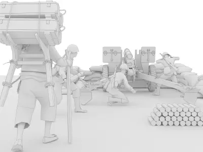 Korean soldiers firing 105mm howitzers during the Korean War 3D model