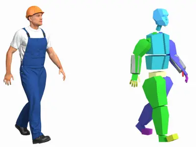 Construction Worker with Trench Roller Bomag BMP8500 Rigged 3D model