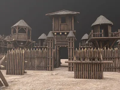 Medieval Wooden Castle  Tower Fort Constructor PBR Low-poly 3D model