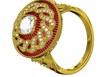 Filigree Art Deco Ruby Diamond Cushion Cut Diamond Ring 3D print model