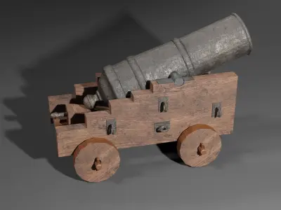 Iron cannon with wooden base 3D model