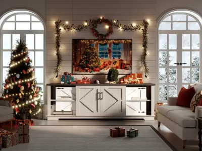 A cozy Christmas living room with a decorated Christmas tree Low-poly 3D model