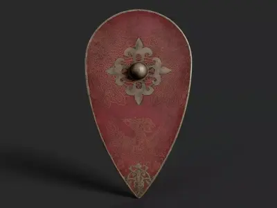 Slavic kite leather shield-painted red with peacock symbol Low-poly 3D model