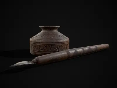 Elegant Wooden Inkpot Pen Low-poly 3D model