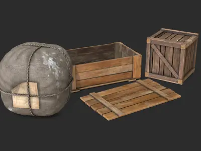 Old Bag and Crates Low-poly 3D model